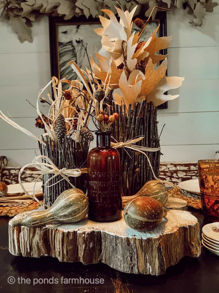 Friendsgiving DIY Dining Table Centerpiece Twig Tin Cans and Craft Paper Leaf Stems