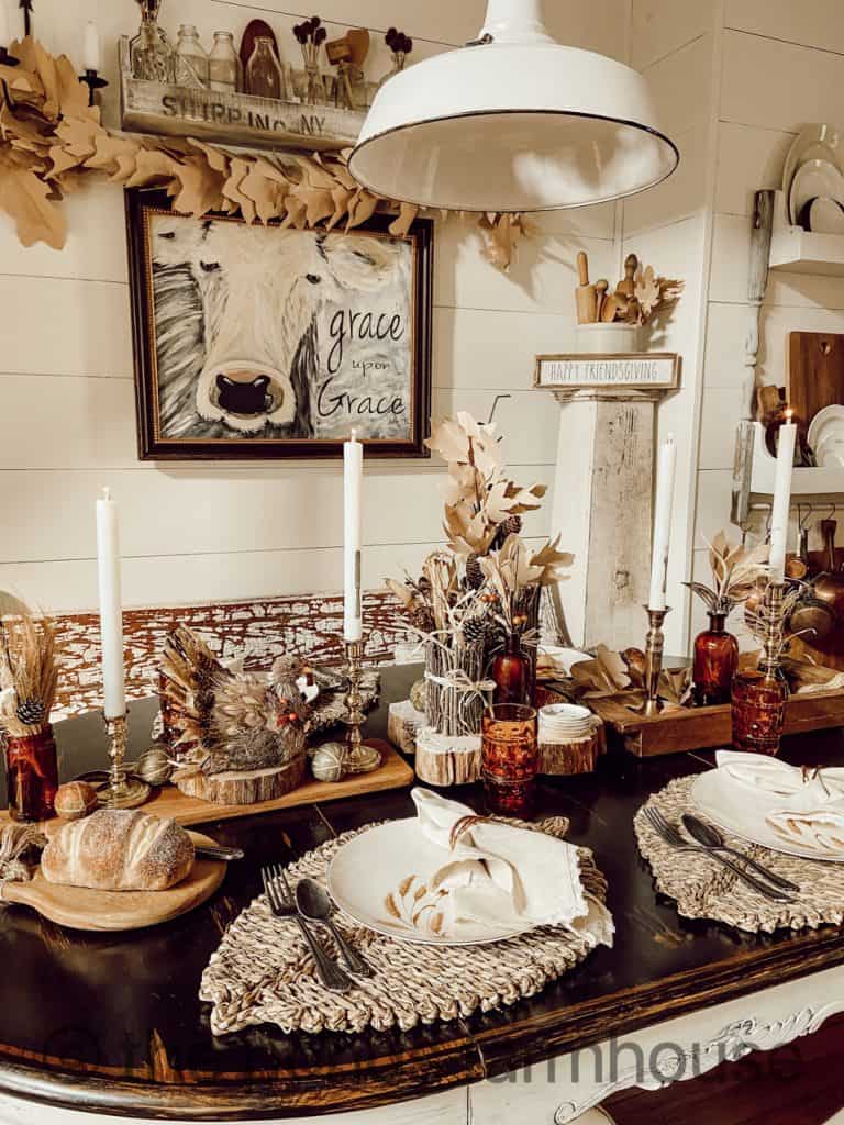 Thanksgiving Tablescape with DIY and thrifted finds for a rustic country home holiday.  