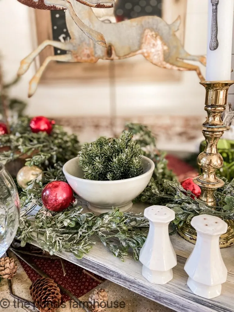 Vintage Ironstone pieces with brass candlesticks for Christmas Tablescape