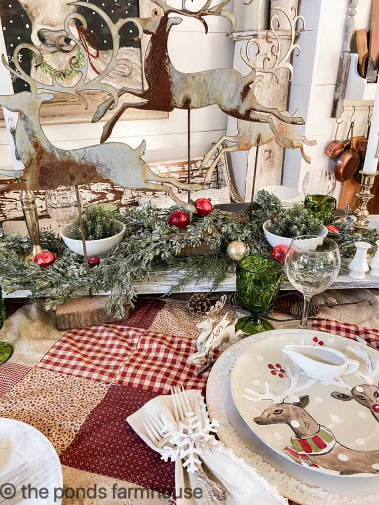 Reindeer inspired Christmas table with DIY patchwork table cloth