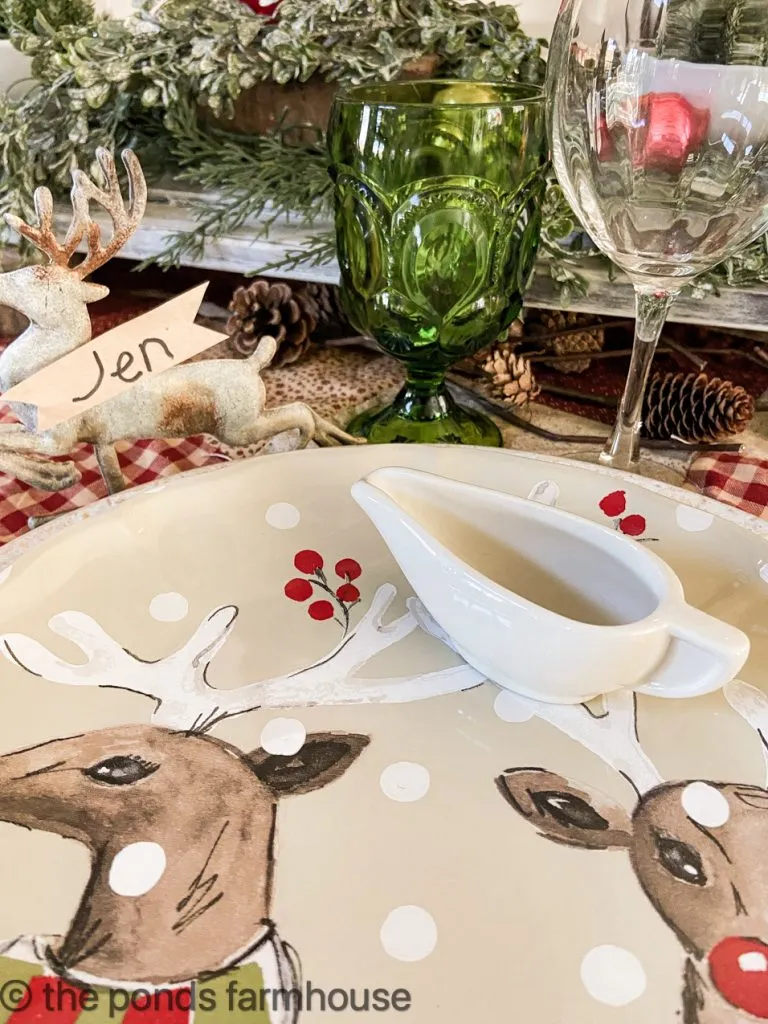Vintage mini gravy boats hold individual salad dressings for Christmas Inspired Table Setting