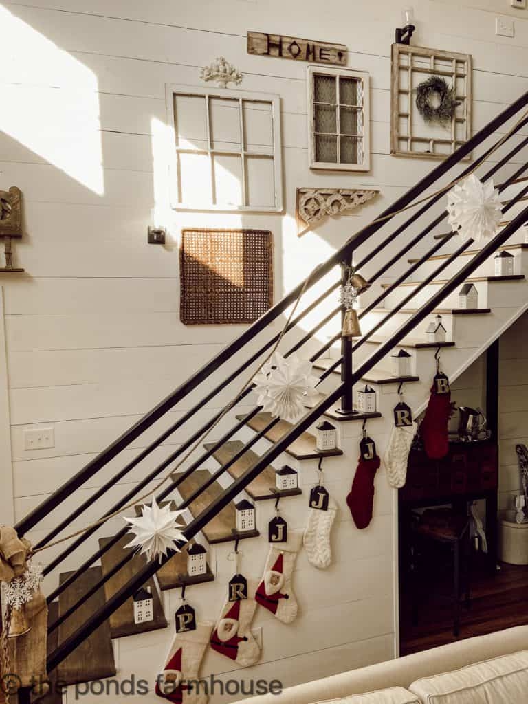 Stairway view of Farmhouse Christmas Garland for Banister and Thrift Store Christmas Stockings