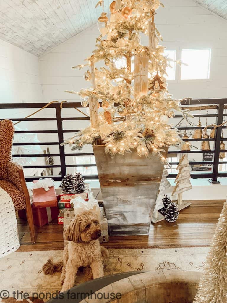 Woodland Themed Farmhouse Christmas Tree with DIY Tree Stand.