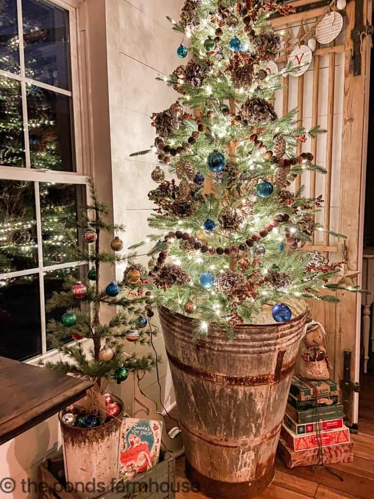 Night time view of dried hydrangeas and vintage ornaments Christmas Tree