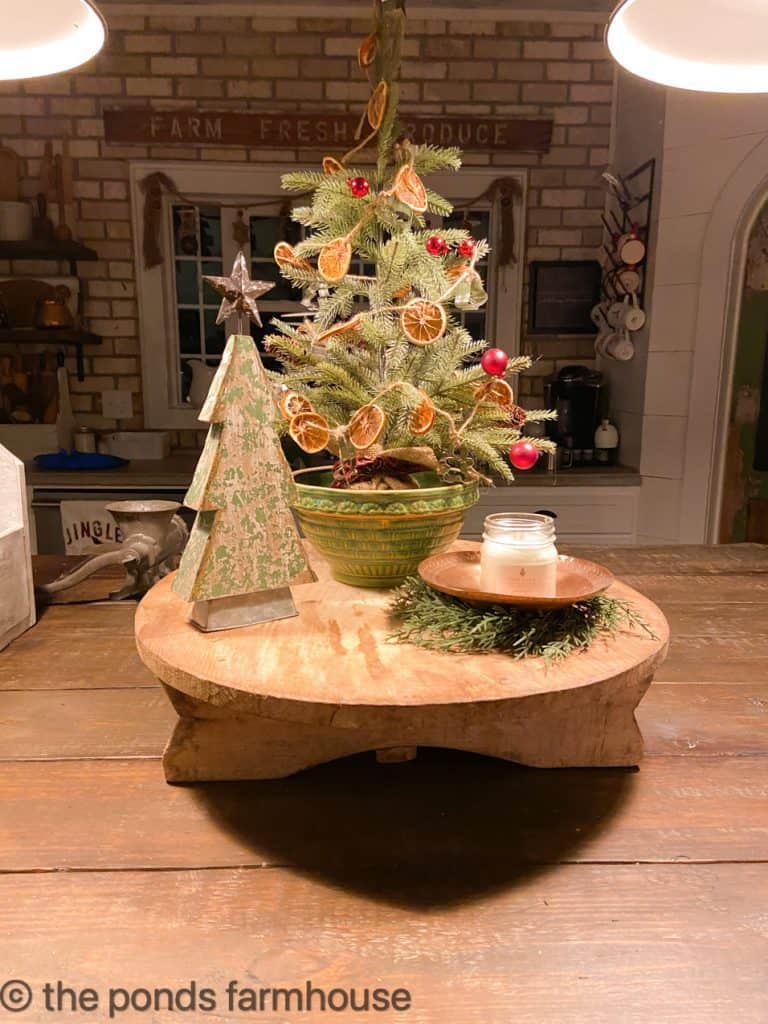 Farmhouse Christmas kitchen island centerpiece with mini tree