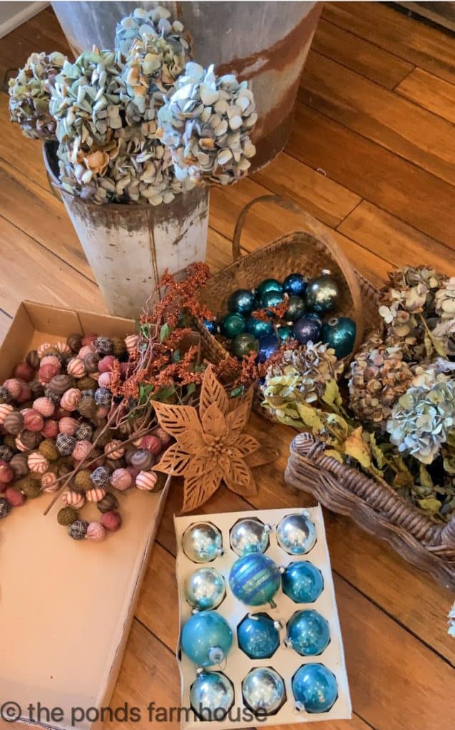 Ornaments and Dried Hydrangeas for Christmas Tree.  Rustic Holiday Budget Friendly & Sustainable Decorating Ideas