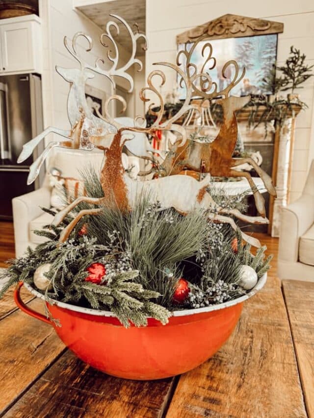 Red enamelware large vintage bowl with reindeer and greenery