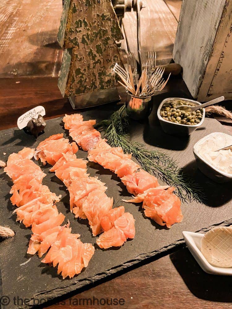 Cured Cold Smoked Salmon served on slate tray for Christmas Party