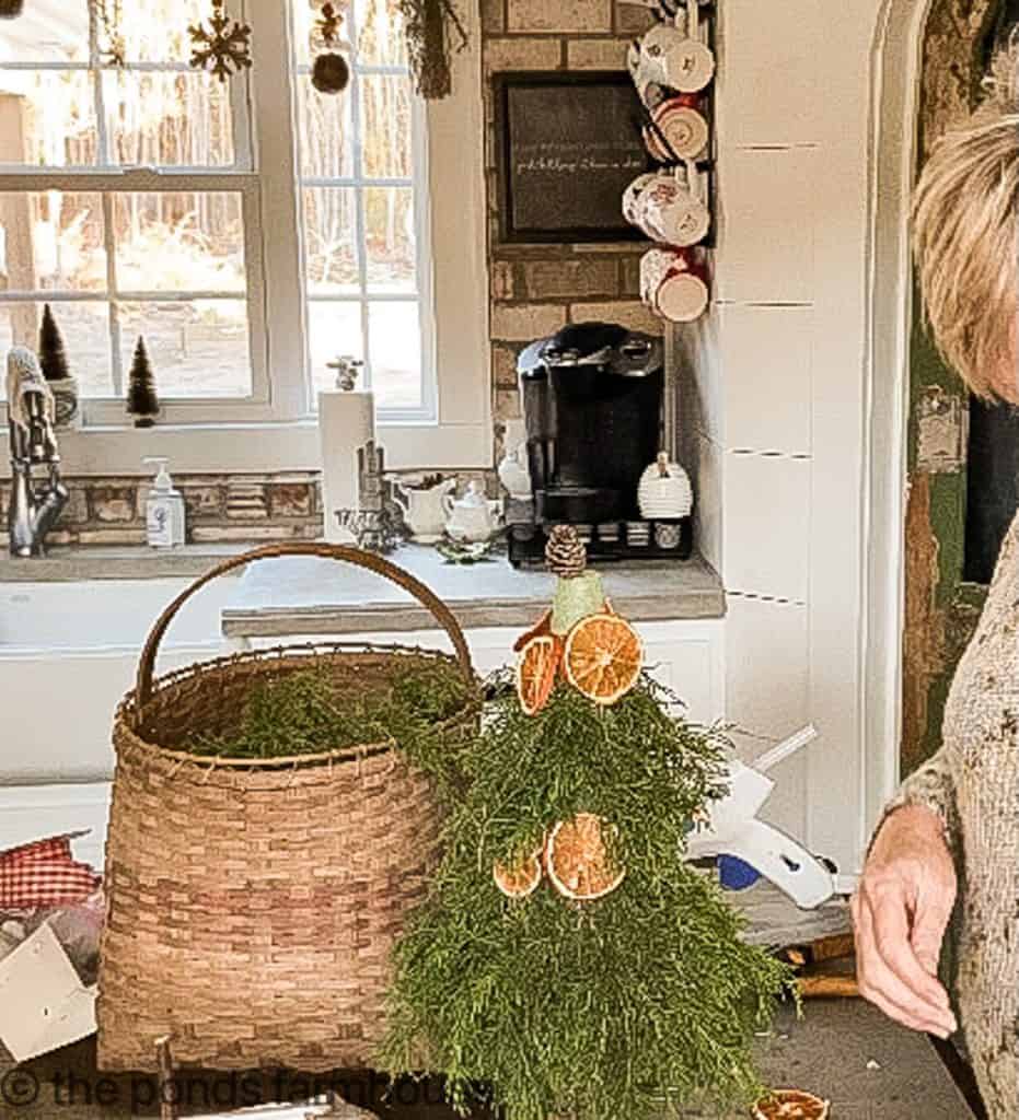 Step-by-step tutorial to make fresh cedar and dried orange topiaries for holiday decorating.. 