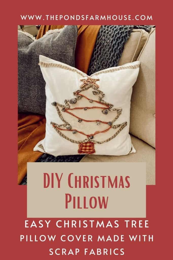 DIY Christmas tree pillow with ripped cloth, bells, and coffee stain.