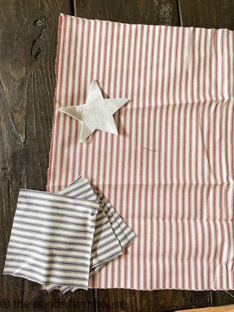 Fabrics forDIY Patriotic Napkins made with drop cloth and ticking fabrics