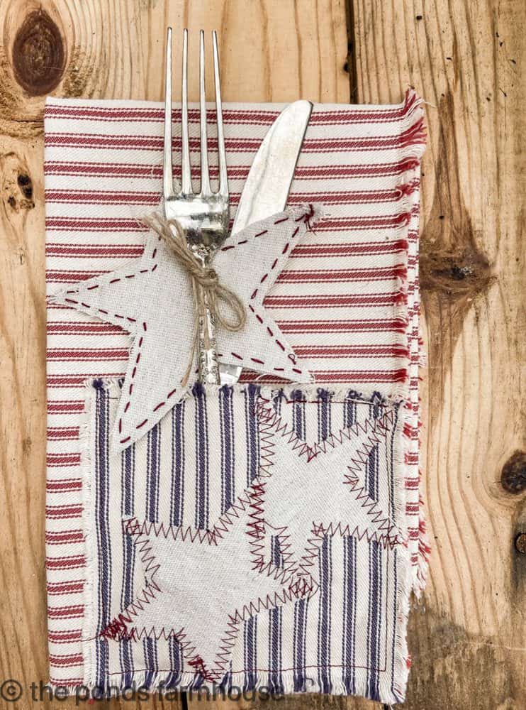 DIY Patriotic Napkins made with drop cloth and ticking fabrics