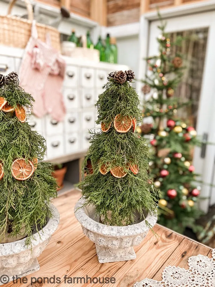 Sustainable Real Greenery Topiaries made with Dried Oranges for budget-friendly decorating. 