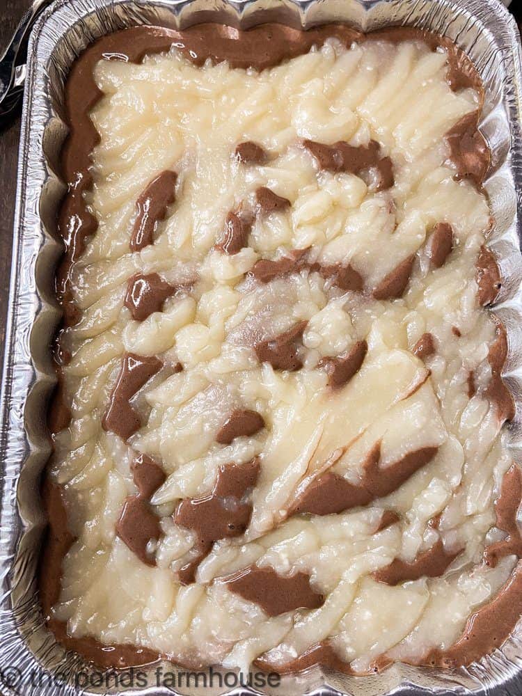 Baked upside down German chocolate cake in pie tin.