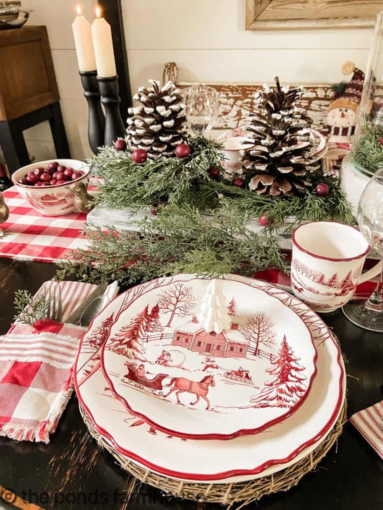 Vintage Inspired Christmas Plates for a red and white holiday tablescape.