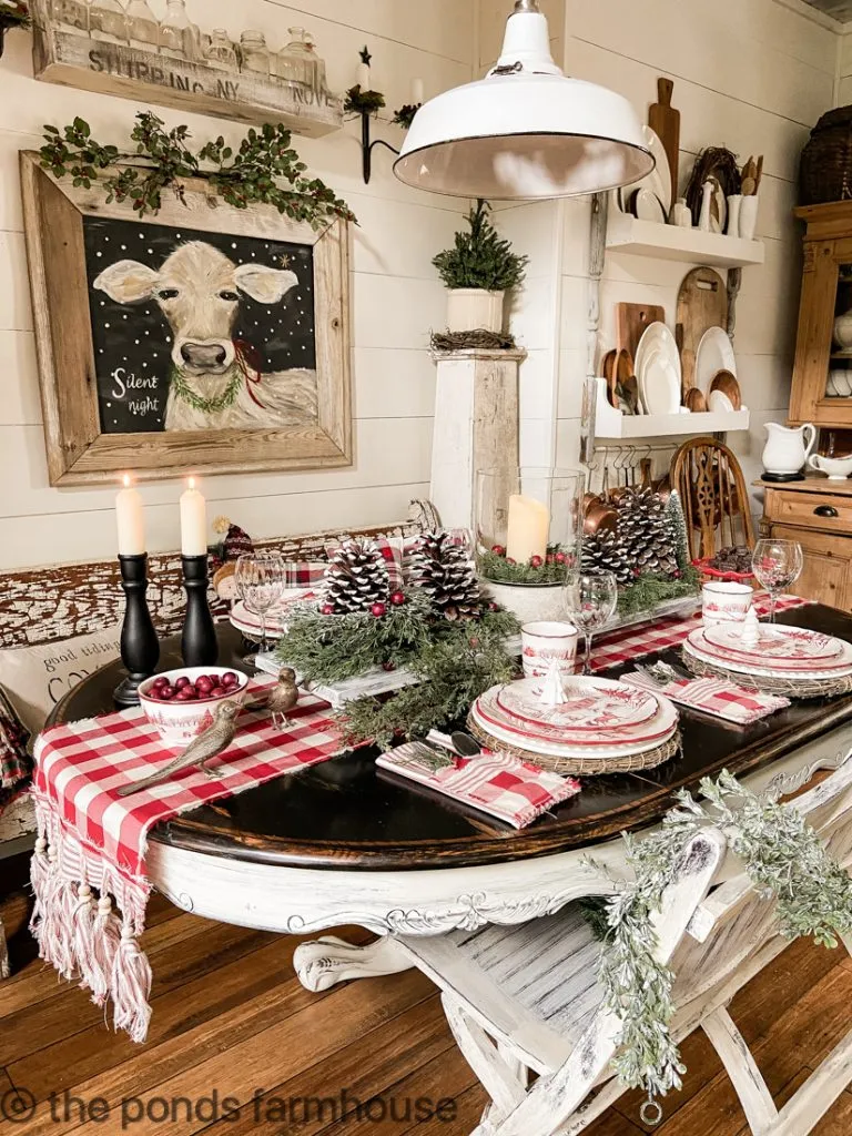 Sophie - Silent Night Print with Christmas Tablescape - Red and White Check Table Runner and Cutlery Napkins.