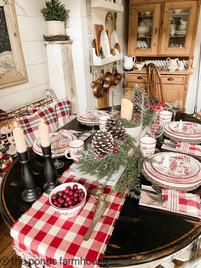 Red and white buffalo check fabtic with ticking fabric for DIY Table Runner and Napkins with cutlery pockets.