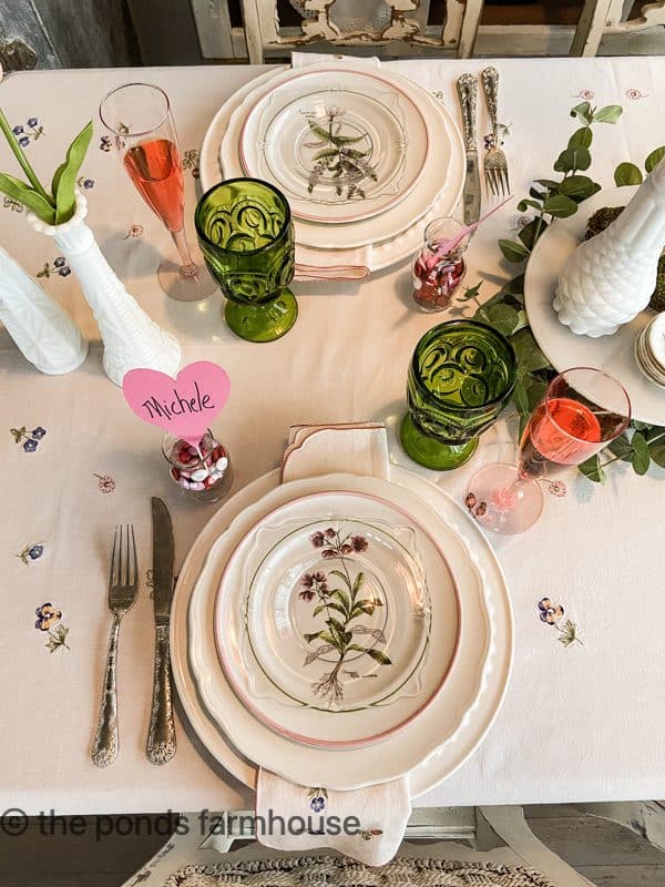 Pink Herbal Plates for a Galentine's Brunch Table Setting.