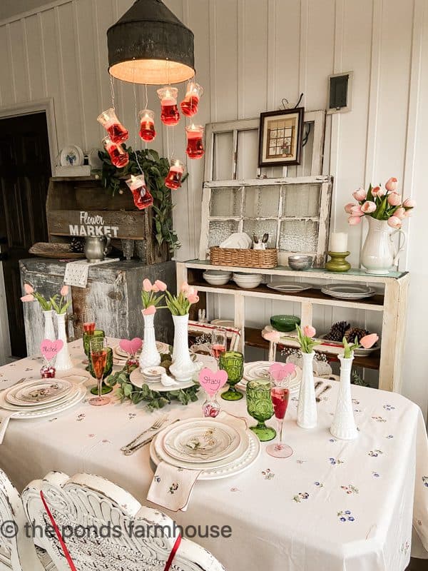 A matching table cloth and napkins for a Galentine's Day Brunch Tablescape