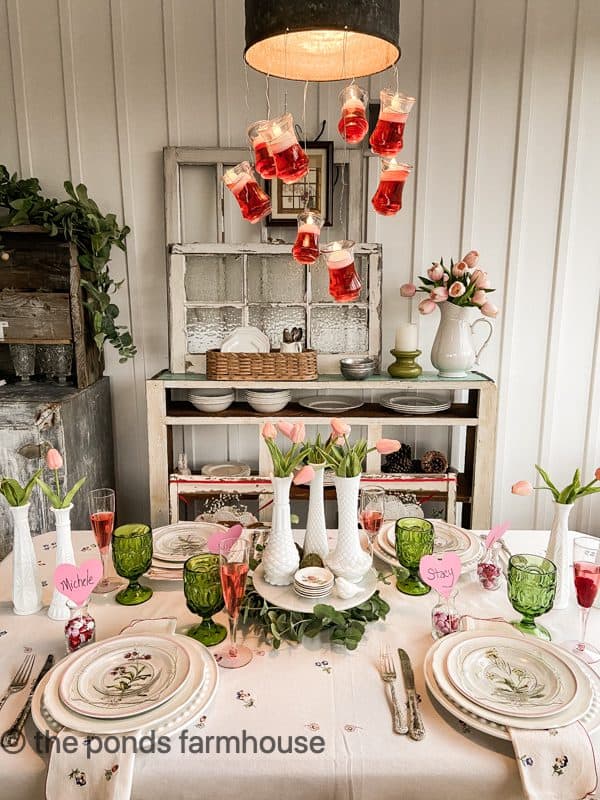 Farmhouse Galentine's Day Tablescape. Valentines decor tablescape.