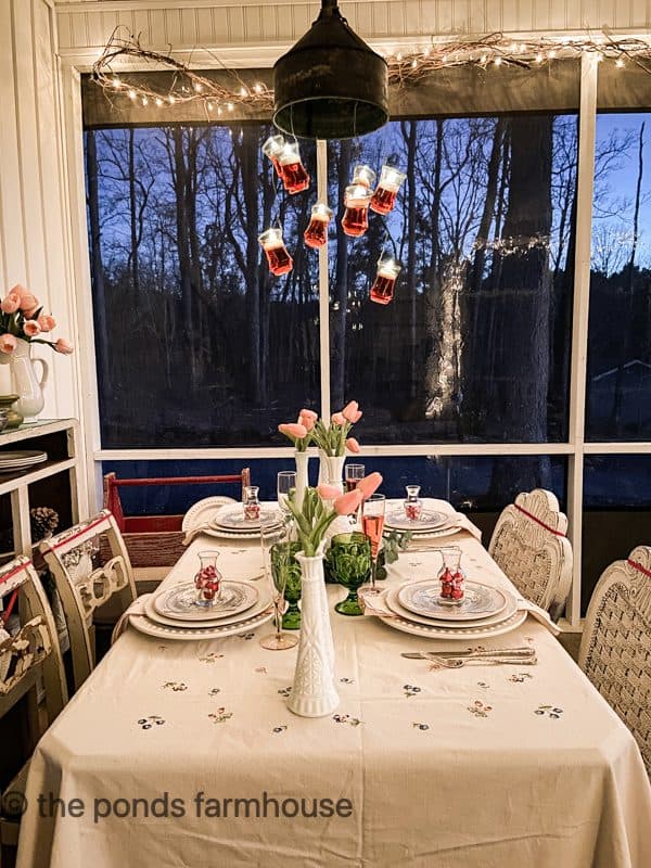 Galentine's Day Brunch Table - Girlfriend Brunch.  Thrifted tableware and milk glass vintage centerpiece ideas.  