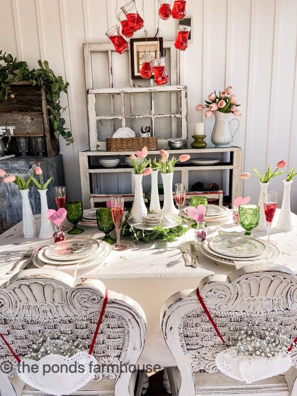 Galentine's Brunch Tablescape with vintage milk glass, Thrifted dishes and tableware.  Faux Tulips.