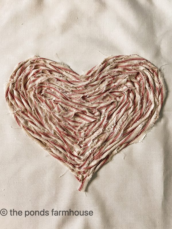 Finished Heart Pillow Cover from Scrap Fabric.  Red and White Ticking Fabric Seasonal Valentine's Day Pillow