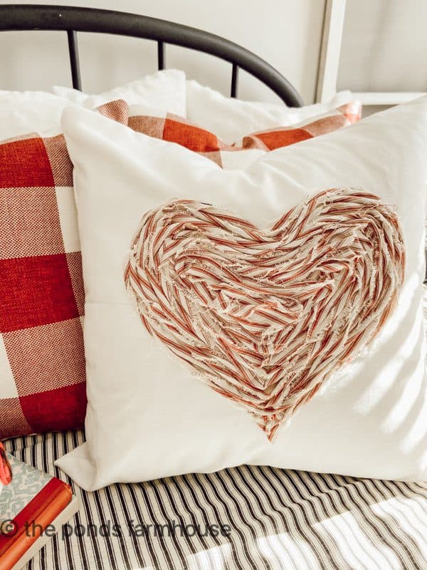 Beautiful for Valentines pillow- Red and White ticking fabric heart pillow DIY project.  