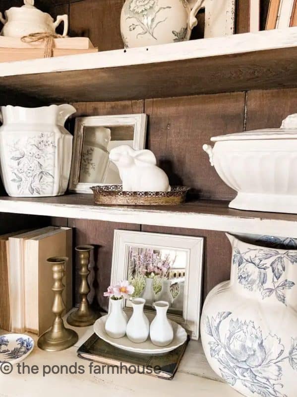 Fill shelves with white and blue transferware January Home decorating ideas.
