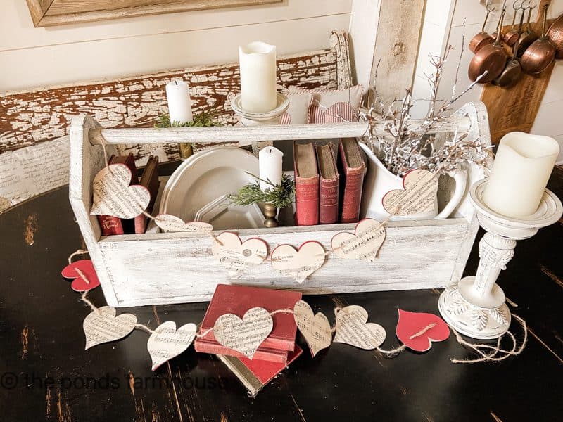 Old Tool Box centerpiece with vintage books for Valentines