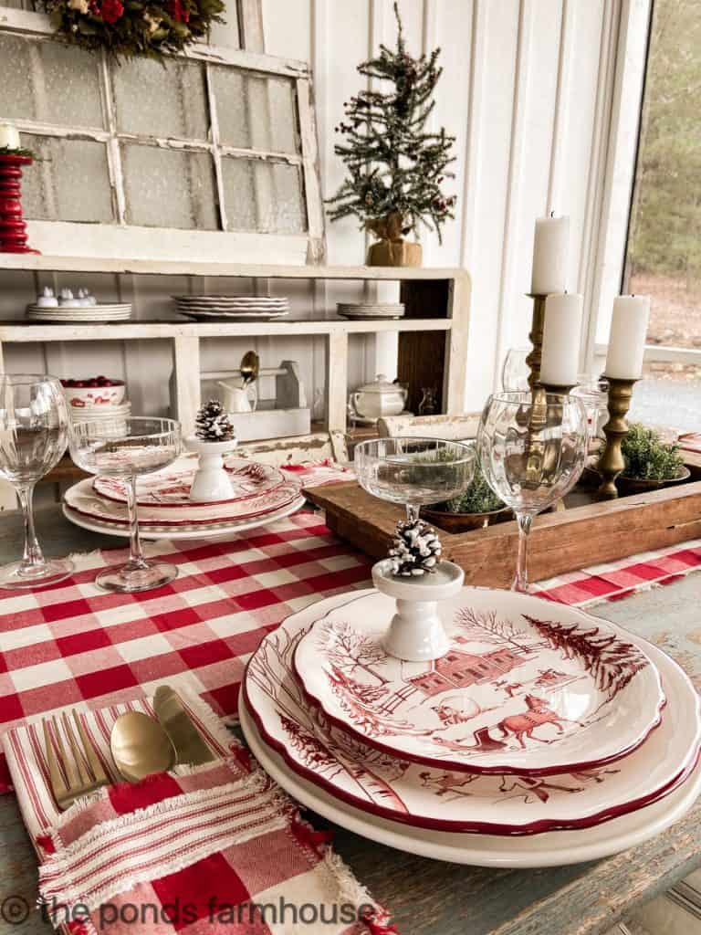 Christmas tablescape with vintage Christmas plates.