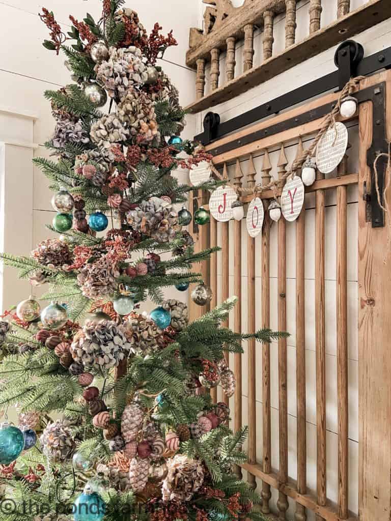 Vintage Christmas Decor - Eco-Friendly, Sustainable Christmas Tree Decorating with Dried Hydrangeas. Rust and Blue Colors 