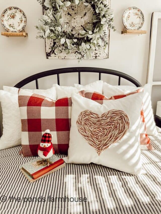 DIY Valentine Heart Pillow displayed on vintage iron bed.