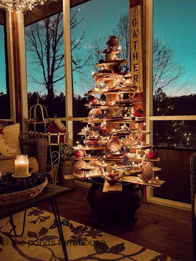 DIY Wooden Shiplap Christmas Tree. Screened in porch decorated fgor Christmas with shiplap tree.