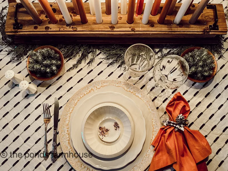 Table setting with foraged DIY Twig Napkin Rings and thrift store finds.