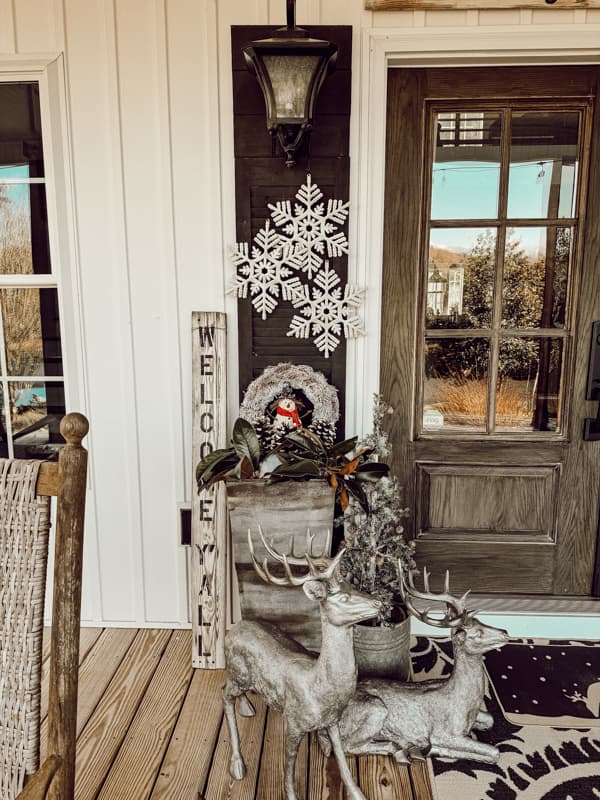 Front Porch Planter Ideas for Winter with DIY Galvanized planters for winter, reindeer and snowmen.  