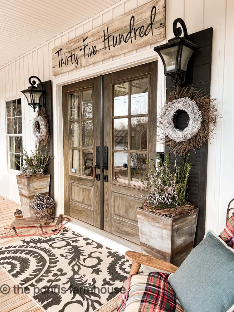 Winter Outdoor Planters with free foraged pinecones, twigs, and grapevine wreaths.  Front Porch Winter Decorating.  