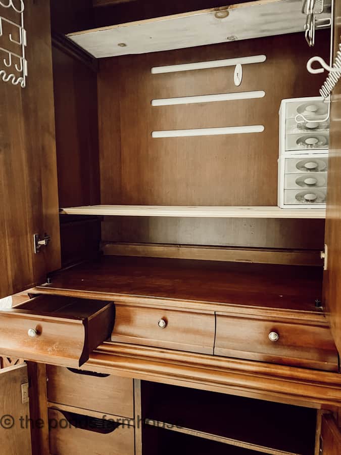 Inside of TV Cabinet that is transformed into a Jewelry Cabinet.  TV and Media Cabinet Makeover