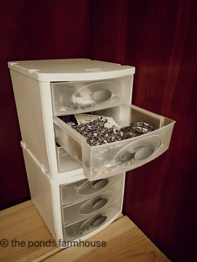 A plastic drawer set holds extra seldom used jewelry