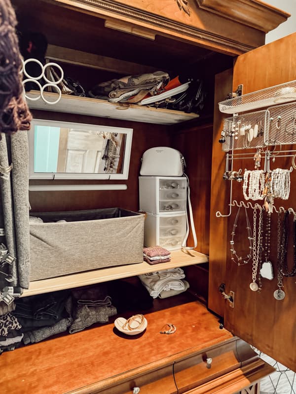Repurposed Media cabinet into a jewelry and lingerie wardrobe with easy updates.  