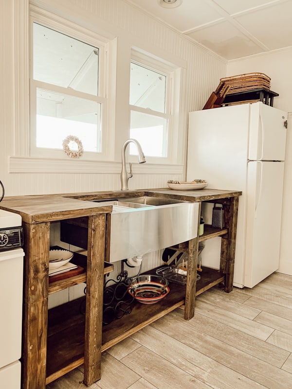 New Rustic Open Kitchen cabinet with no doors.  Inexpensive, Budget-friendly DIY Kitchen remodel in tiny house.