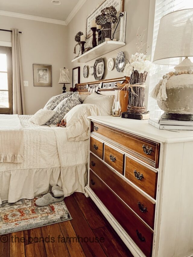 Cozy Farmhouse Bedroom. Warm and cozy bedding with refinished dresser.