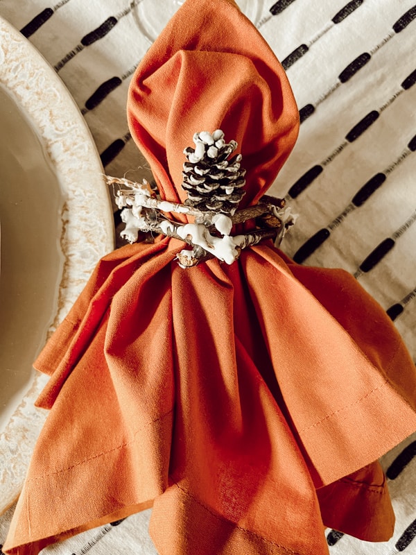 DIY Twig napkin rings with pinecones 