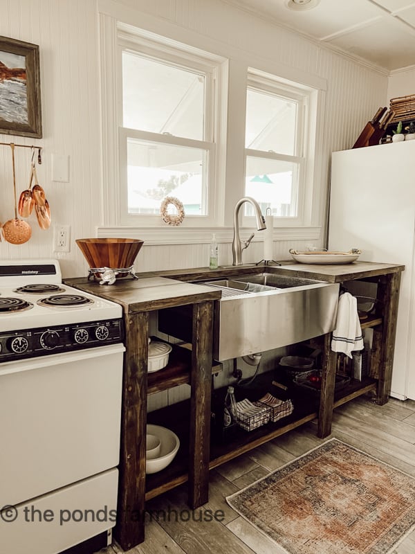 New DIY Open Kitchen Cabinet with no doors completed.  DIY Kitchen Renovation in Tiny house beach cottage.