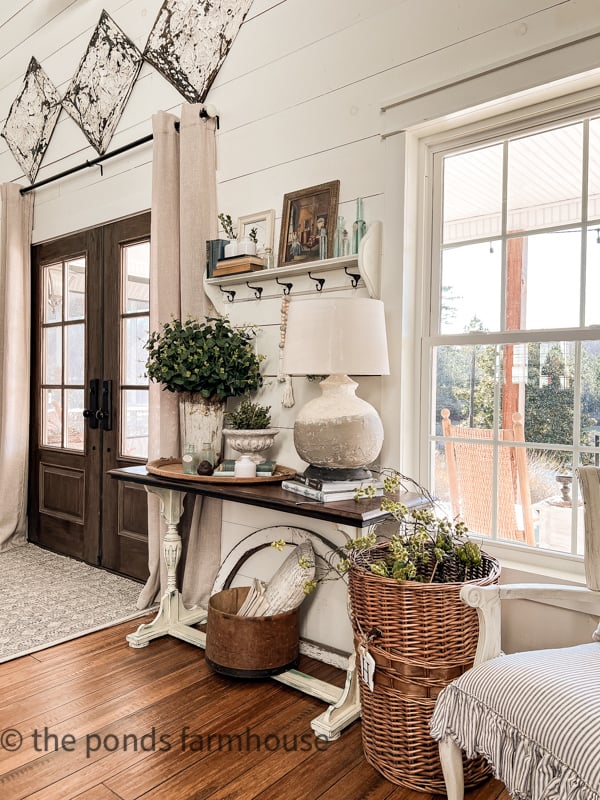Entry Table for Spring beside french doors.  Industrial Farmhouse Style Decorating for Spring