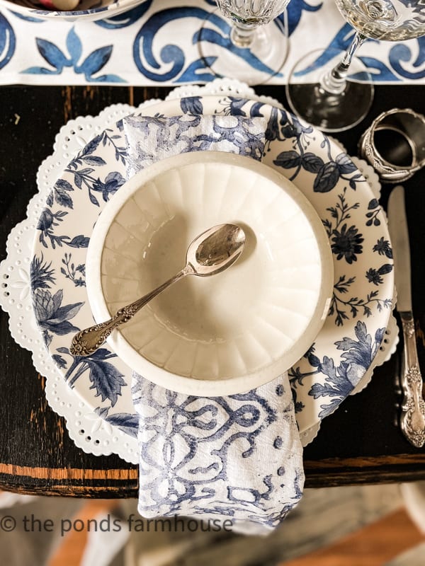 Unique DIY hand painted napkins for Italian blue and white table setting.