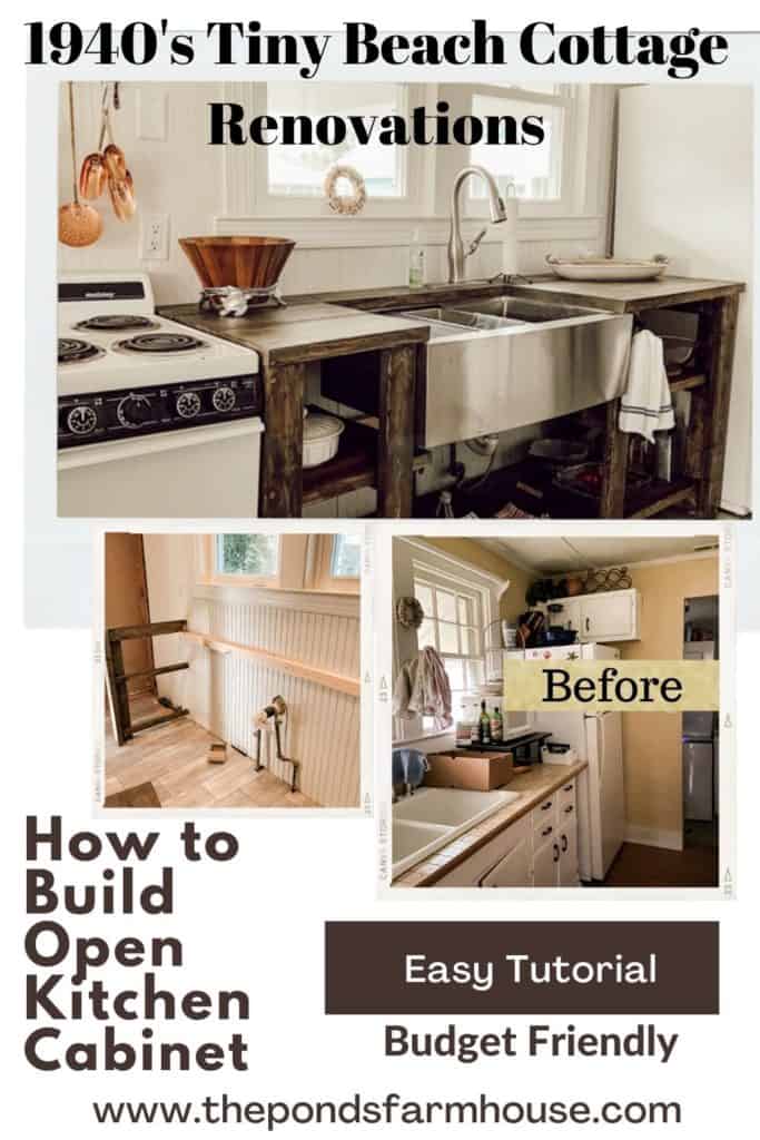 Rustic Open Kitchen Cabinets DIY Kitchen Renovation in Tiny house beach cottage. Inexpensive DIY project