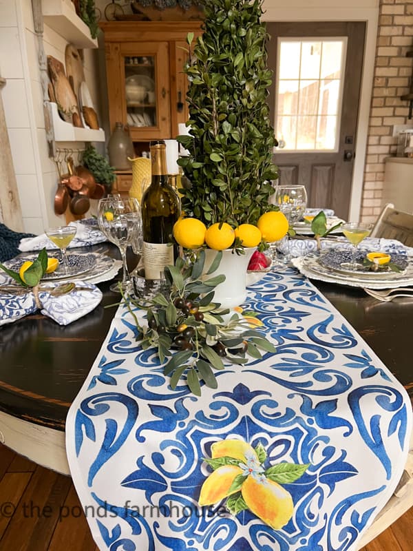 Blue and White Italian Table runner with Italian Inspiration and DIY Boxwood and lemon Topiary.  