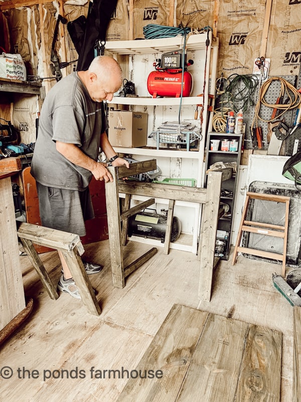 Pre-assembly of open kitchen cabinets with no doors for Rustic Budget-friendly kitchen remodel. DIY Project