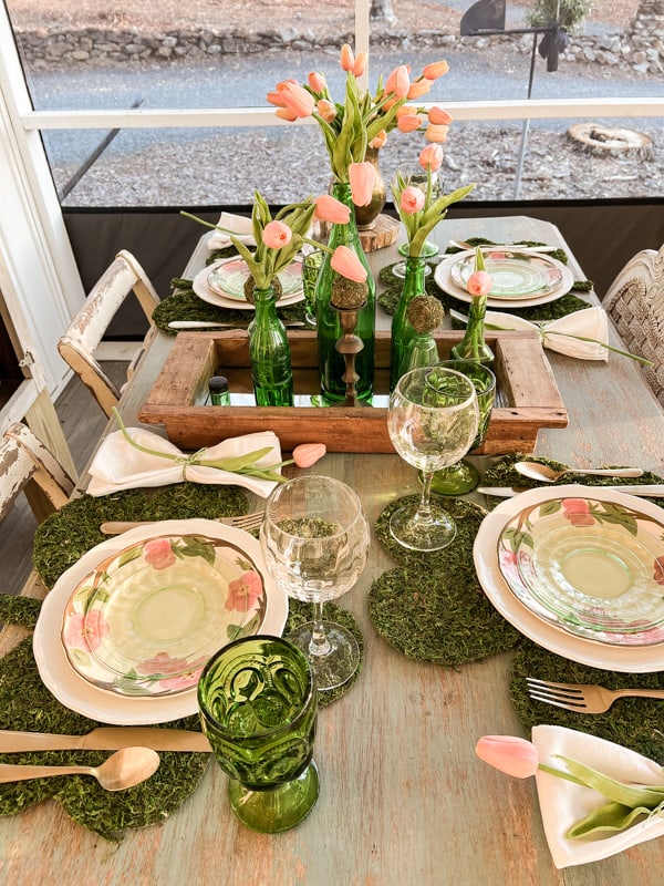 St Patrick’s Day tablescape. Moss place mats.vintage green glasses. Pink and Green St. Patty's Day Table Setting 
